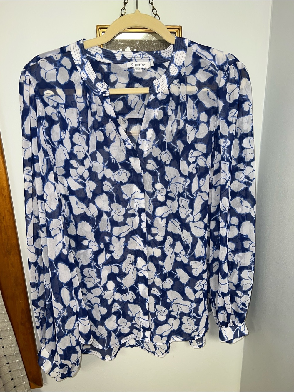 Chico's White and Navy Floral Long-Sleeve Henley Blouse